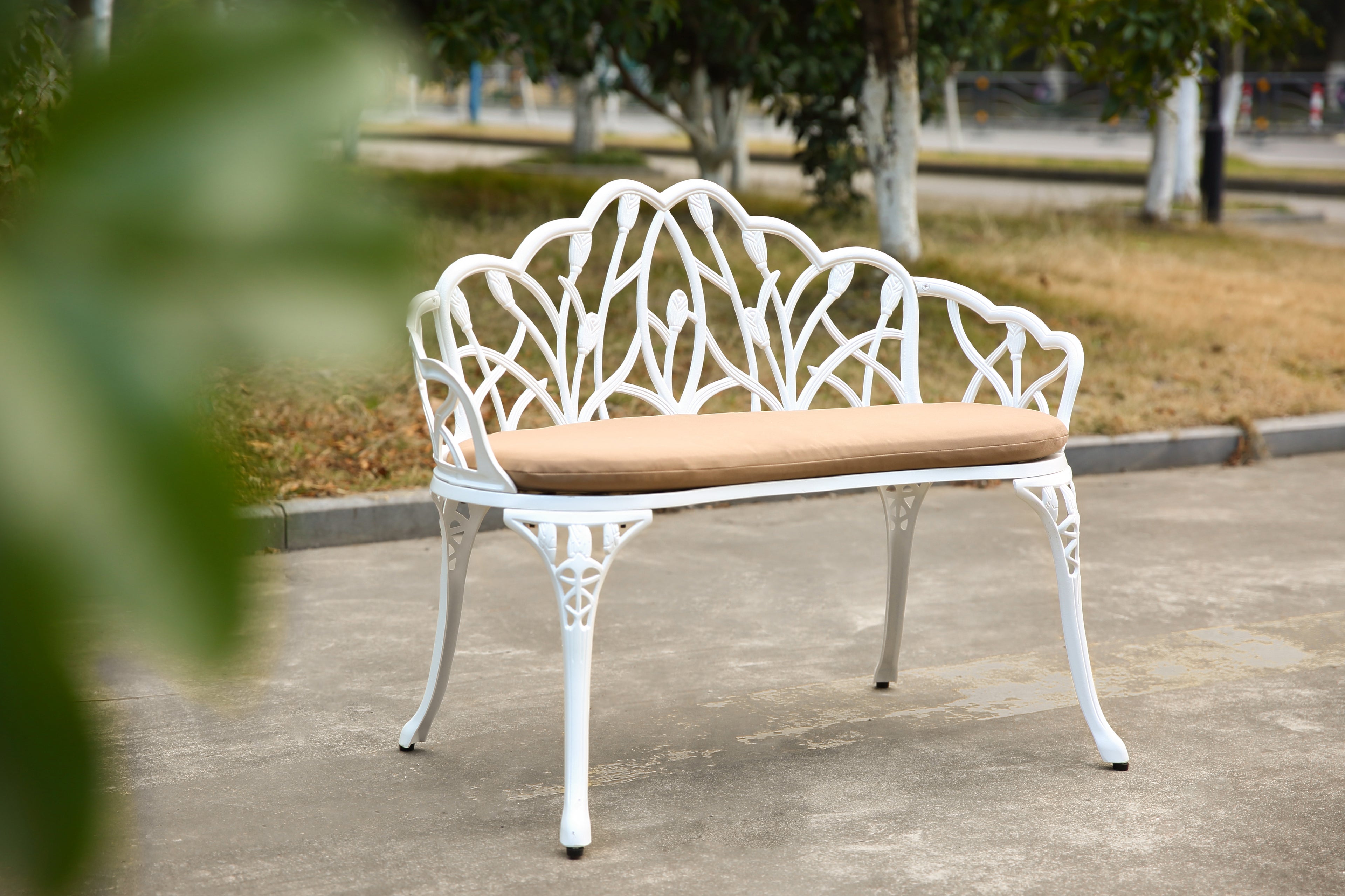Tulip Patio Garden Bench - Cast Aluminum with Floral Backrest