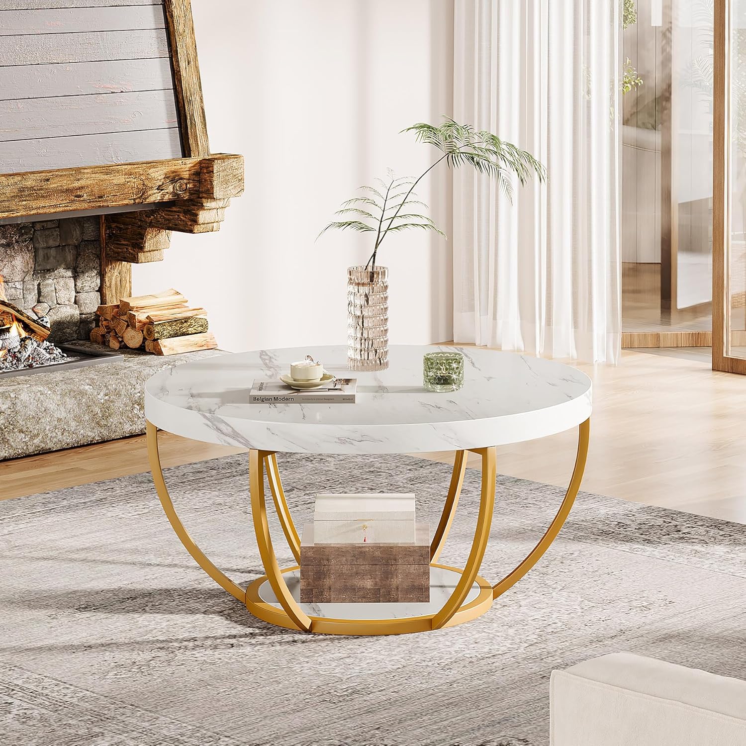 Modern Round Coffee Table - 31.7" 2 Tier Coffee Table