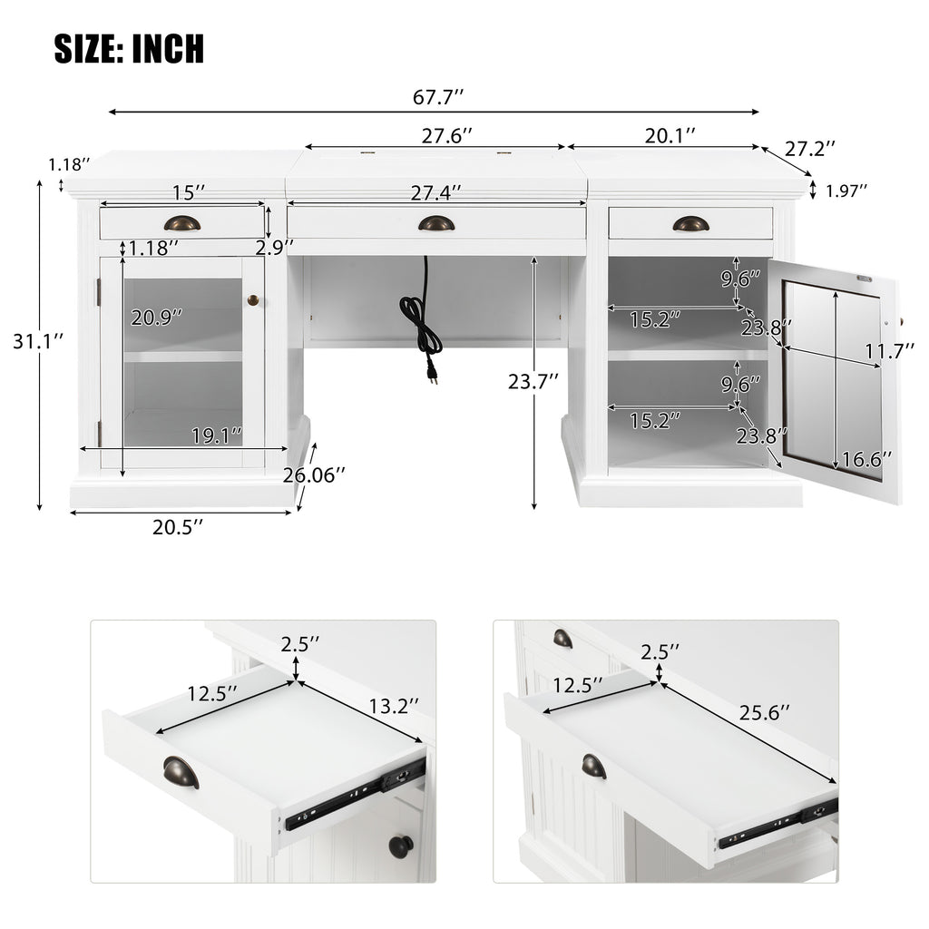 67" Modern Executive Desk with Glass Doors and Drawers