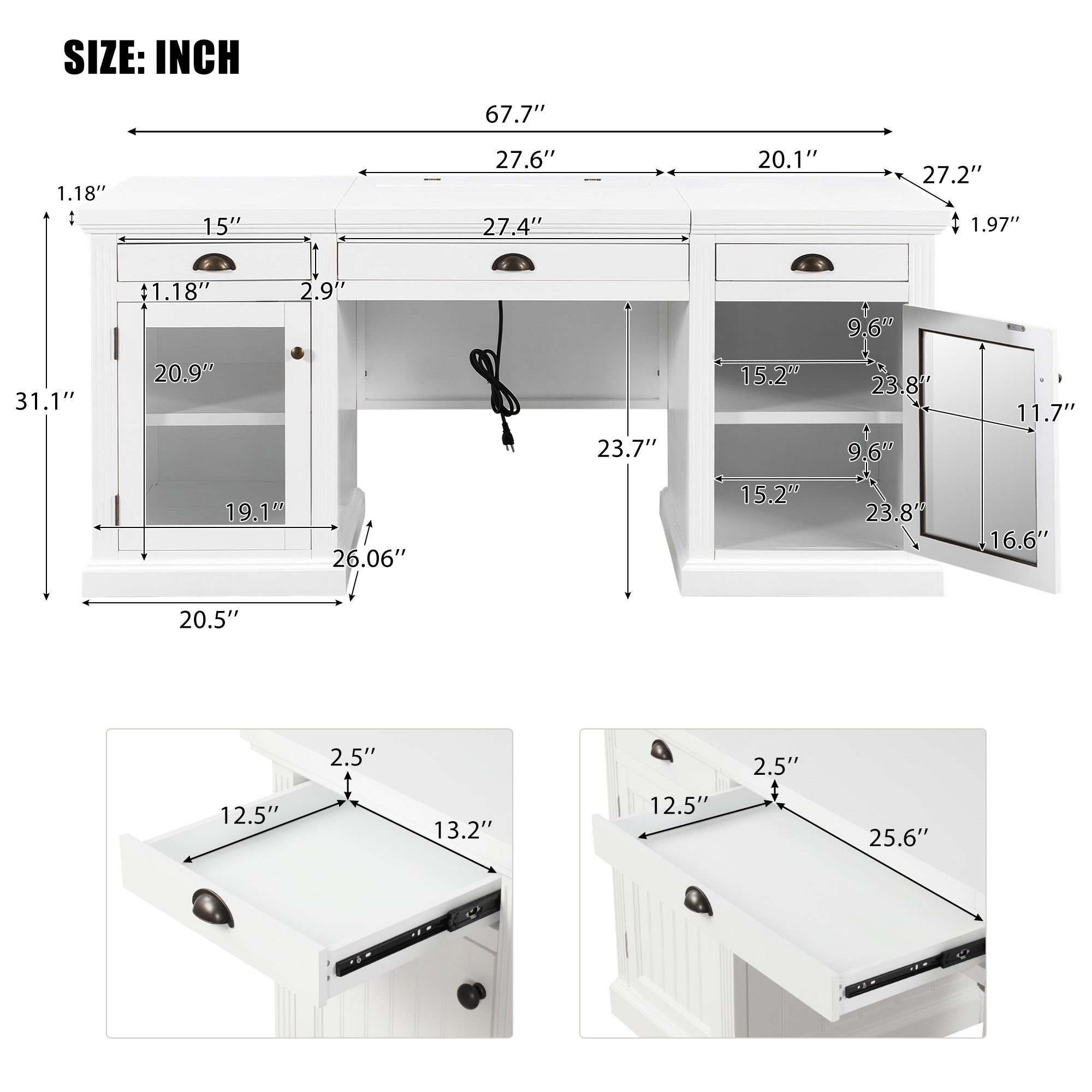 67" Modern Executive Desk with Glass Doors and Drawers