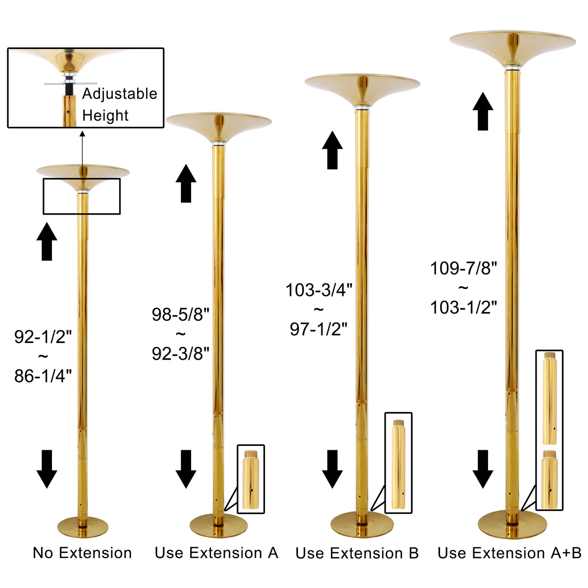 Dance Pole Spinning Static, 86-110 Inch Height Adjustable, 440lb Capacity, Gold