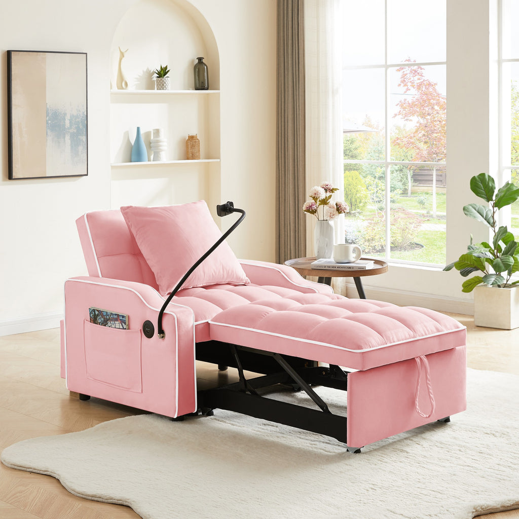 3-in-1 Convertible Sleeper Chair, Pink Velvet with USB Charging