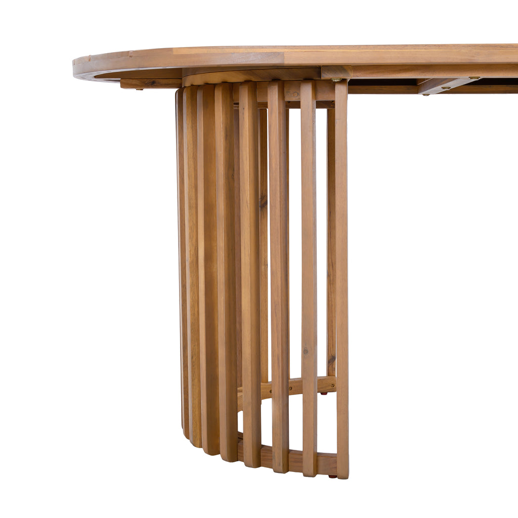 Light Teak Acacia Wood Oval Outdoor Dining Table, Vertical Slatted Legs