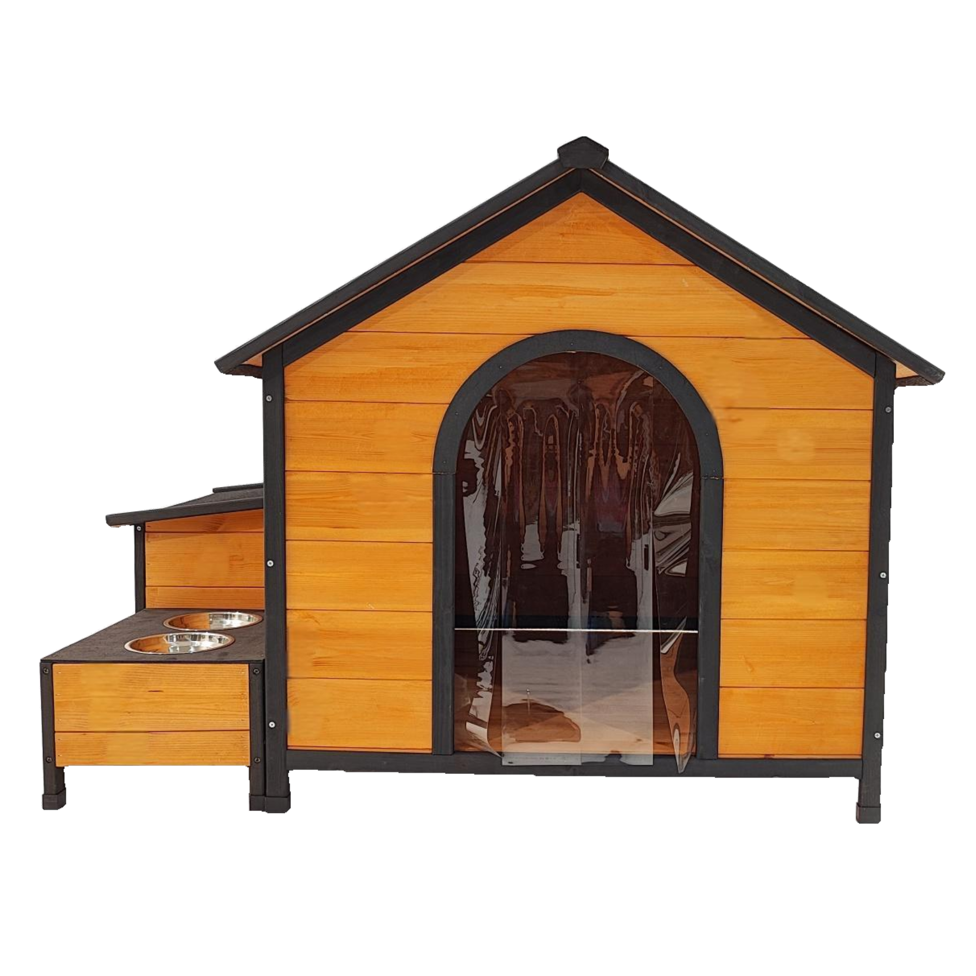Wearable and Strong Wooden Dog House with Metal Bowls and Toy Box
