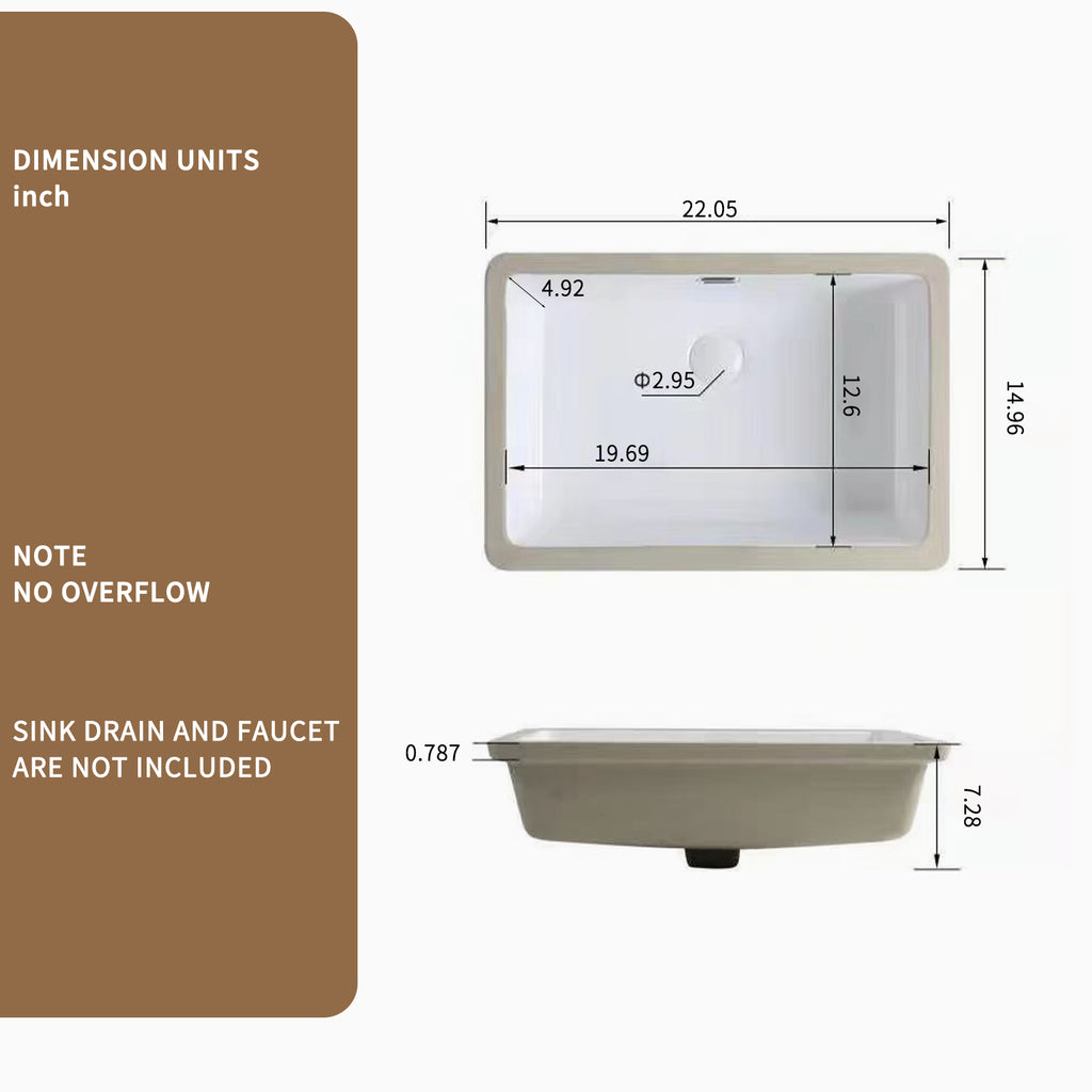 Rectangular Undermount Bathroom Sink - 22 x 15 Inch
