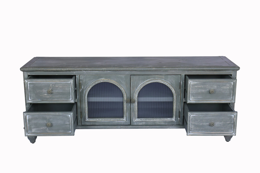 60" Farmhouse TV Stand with 4 Drawers & 2 Glass Doors