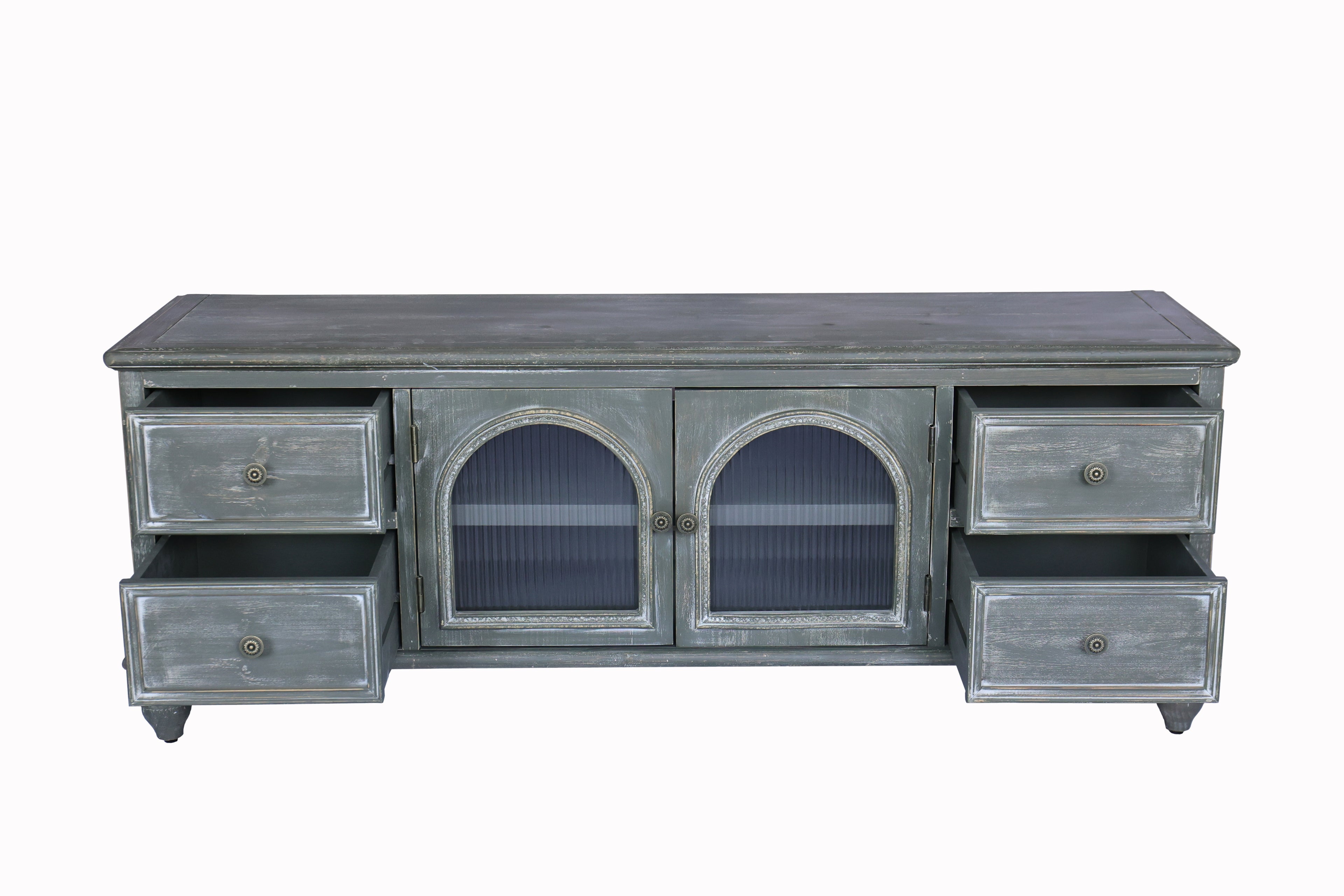 60" Farmhouse TV Stand with 4 Drawers & 2 Glass Doors