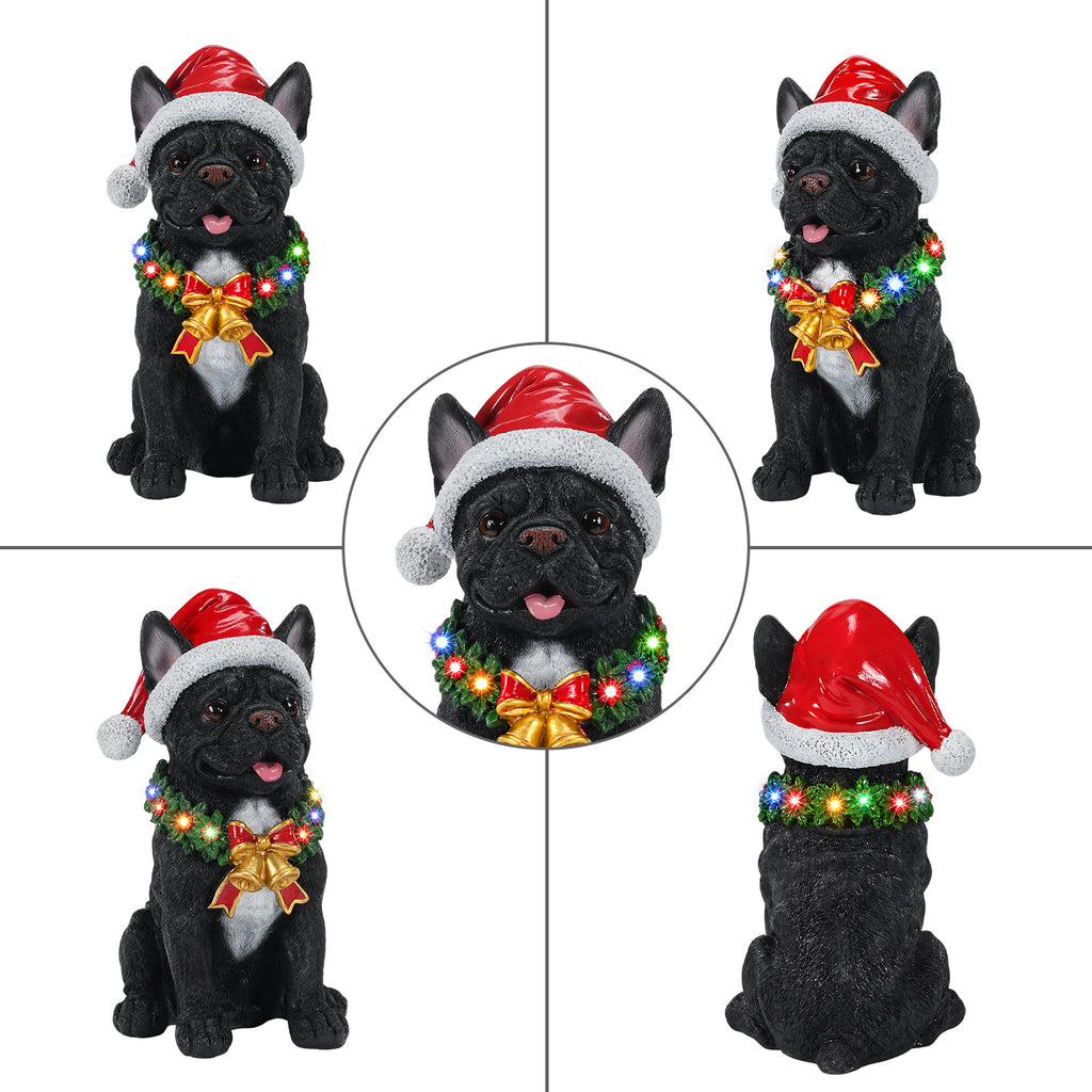 Lighted Christmas French Bulldog Statue, Black Resin, 14 Inches