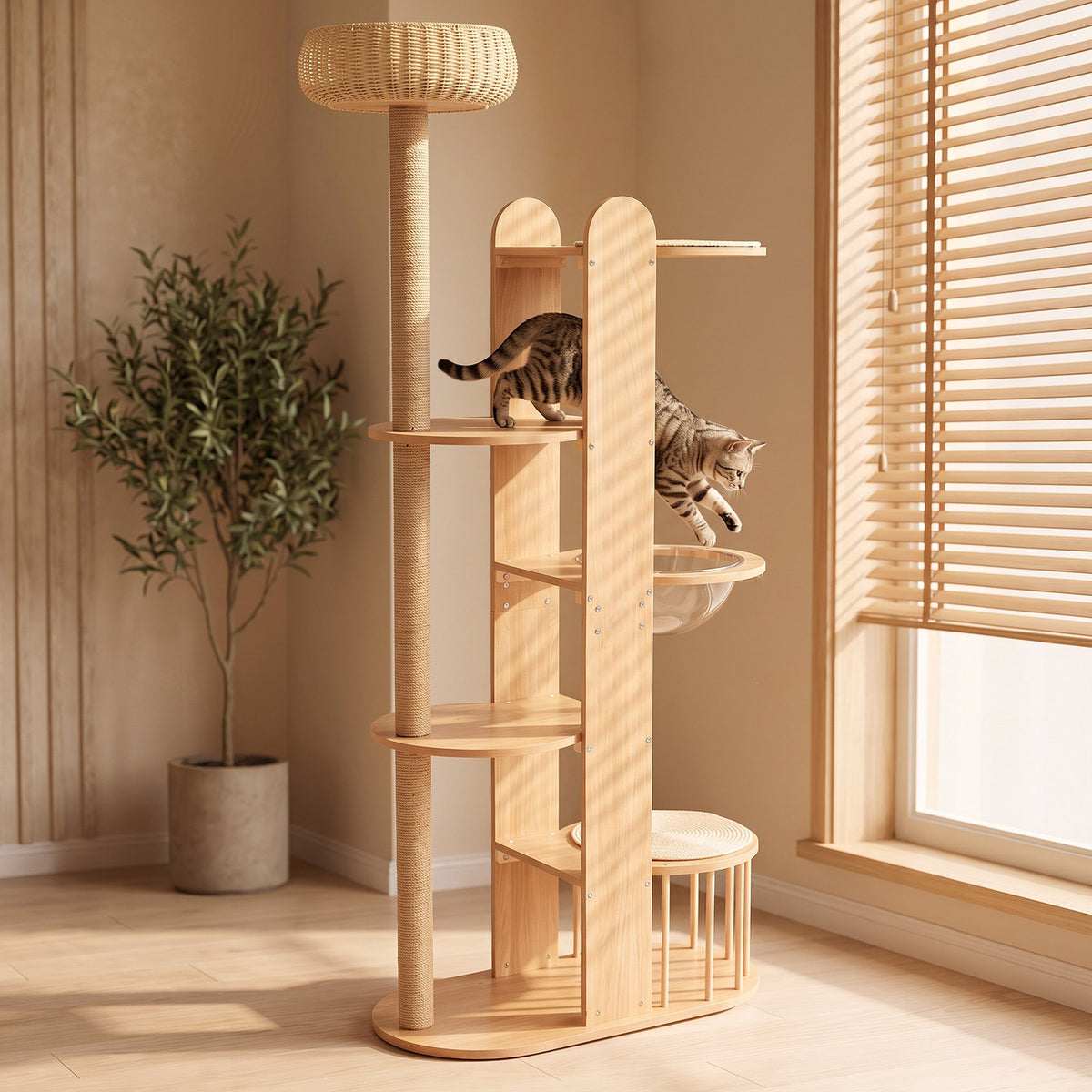 Multi-Level Wood Cat Tree Tower, 70.8" Tall Cat Activity Tree with Sisal Scratching Post, Space Capsule, Woven Top Bed & Fenced Cat House, Modern Indoor Cat Climbing Furniture