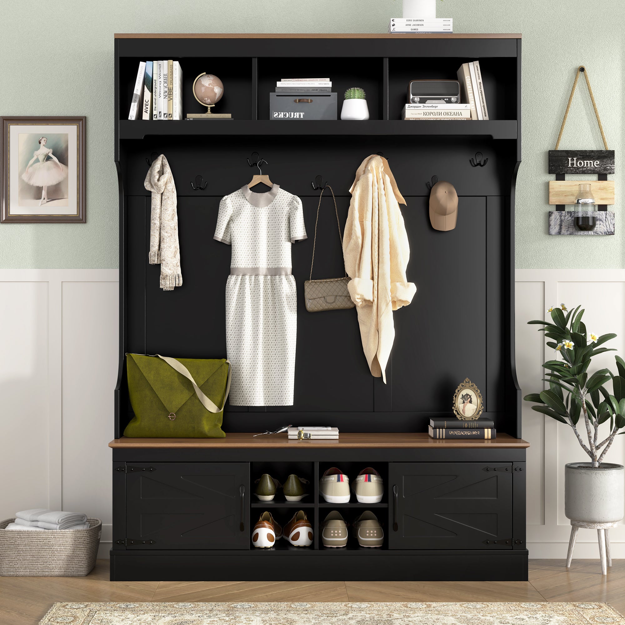 Vibe Haus 71"H Farmhouse Hall Tree with Bench and Shoe Storage