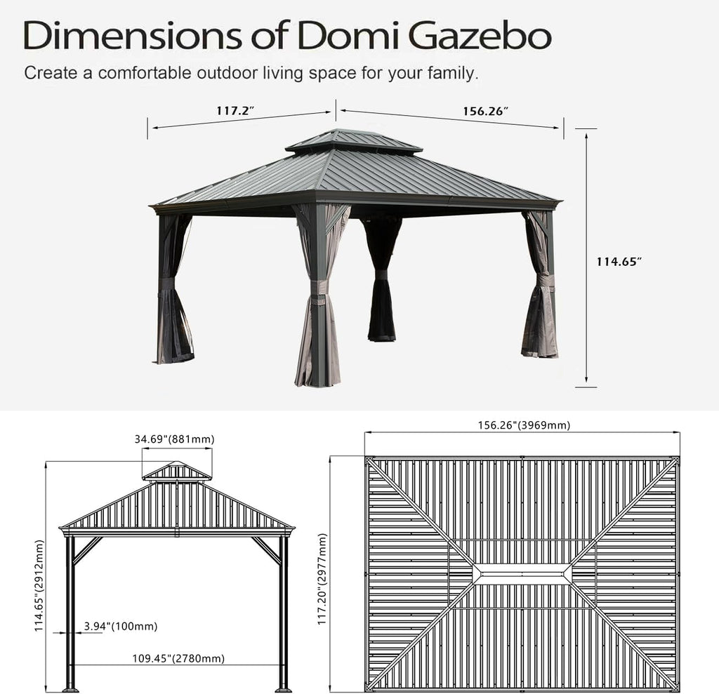 10x13FT Outdoor Gazebo with Galvanized Steel Double Roof