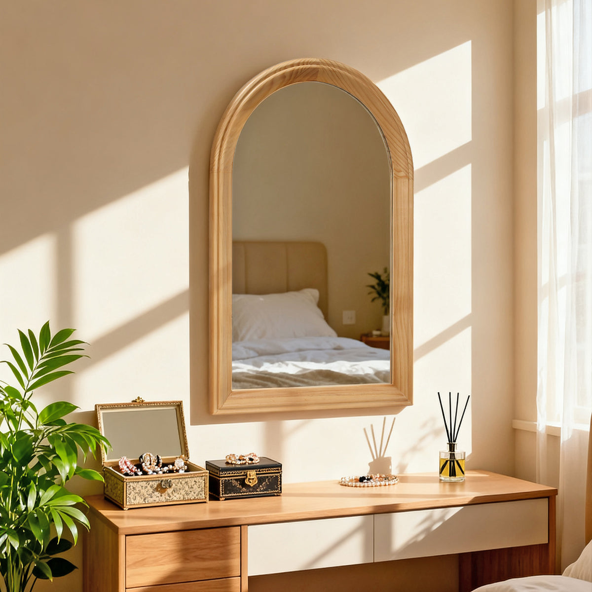 Arched Wood Framed Wall Mirror, 35.43" H x 23.62" W Rustic Decorative Mirror for Bathroom/Vanity/Living Room (Natural