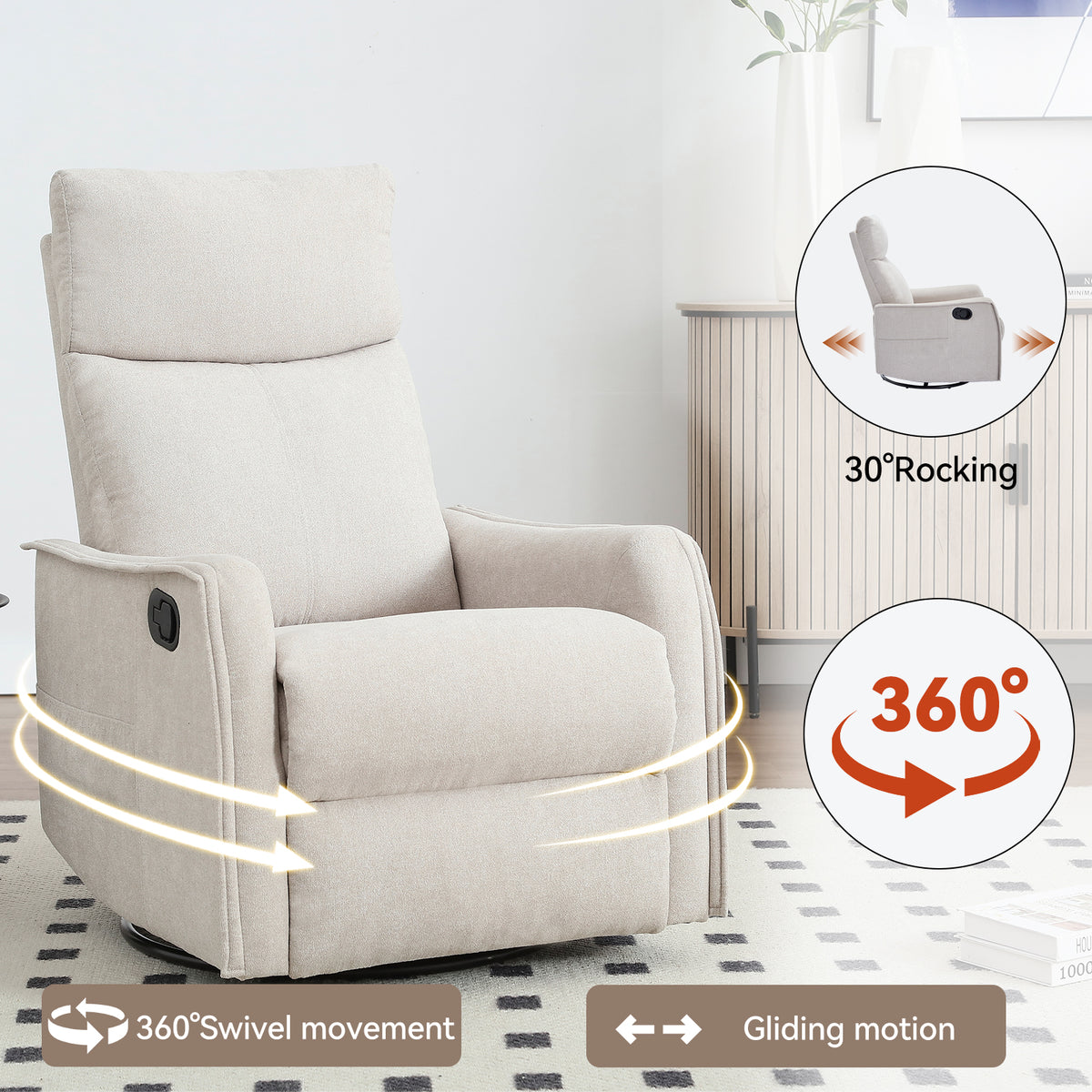 Heat Massage Manual Recliner Chair with Rocker and Swivel in Fabric