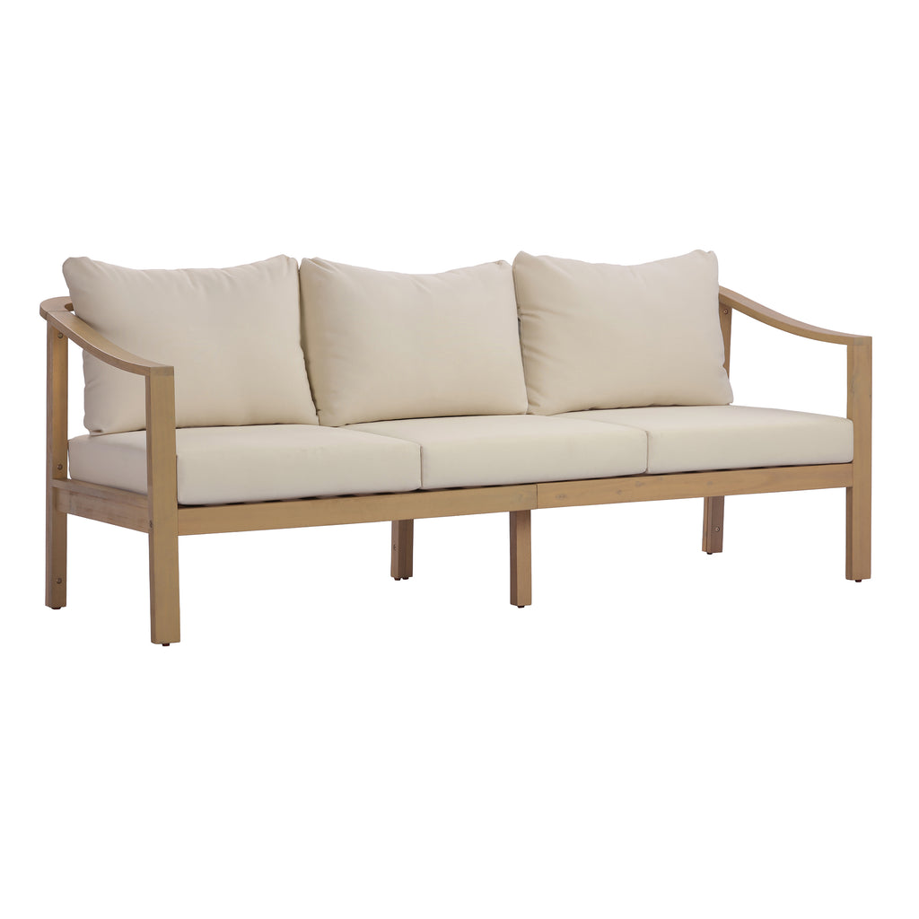 77.95" Outdoor Acacia Wood Frame Three-Seater Sofa