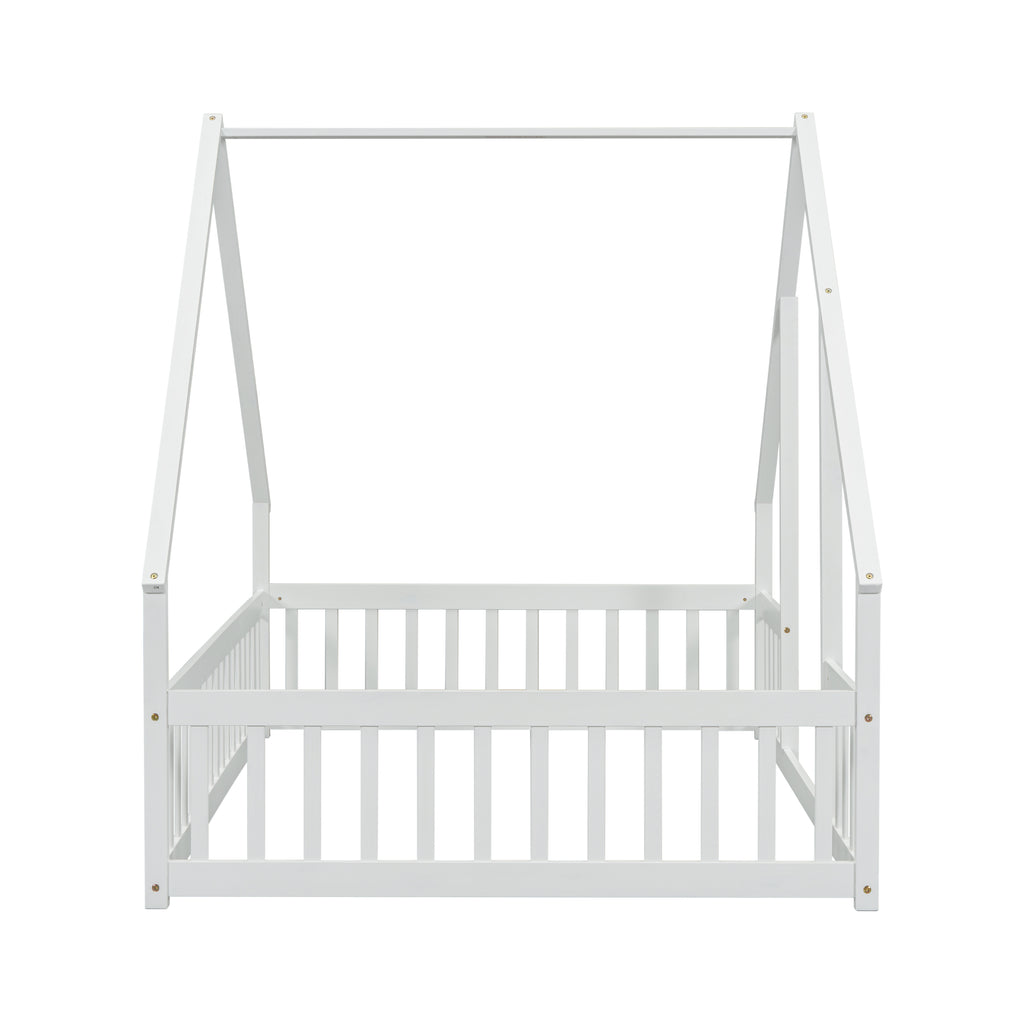 Full Wood House-Shaped Floor Bed with Fence, Guardrails