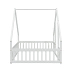 Full Wood House-Shaped Floor Bed with Fence, Guardrails