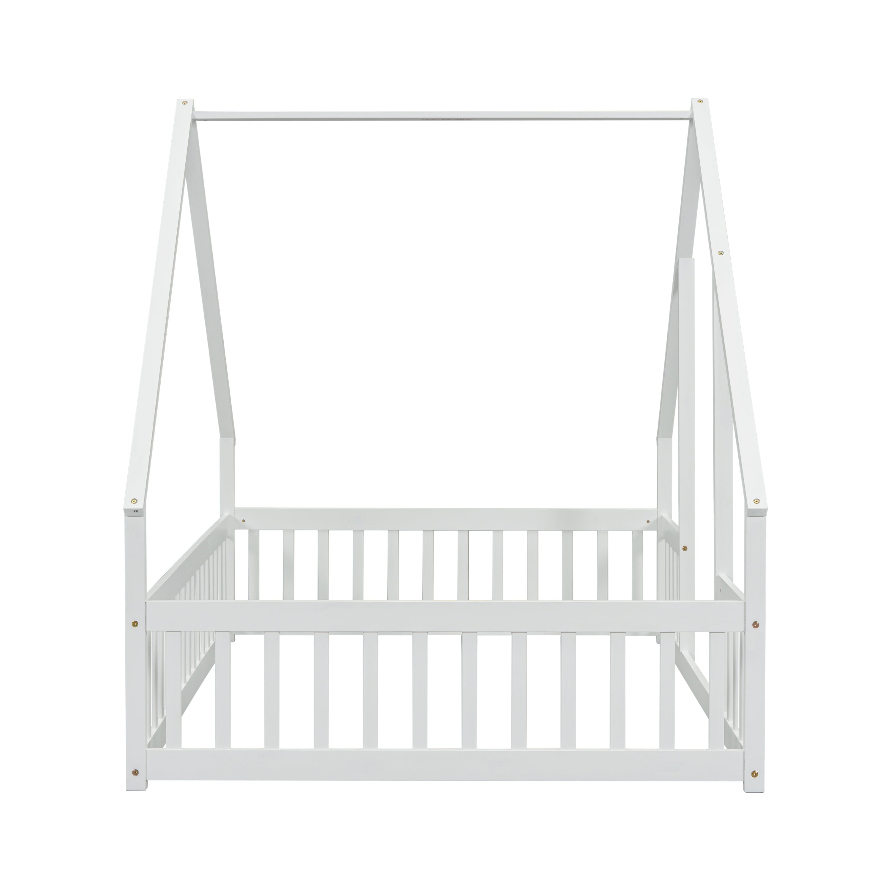 Full Wood House-Shaped Floor Bed with Fence, Guardrails