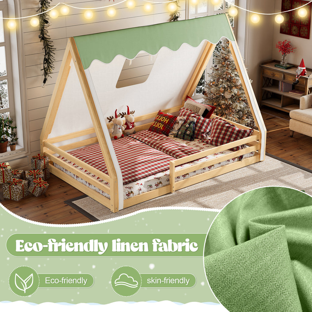 Full Size House Floor Bed with Tent and Light
