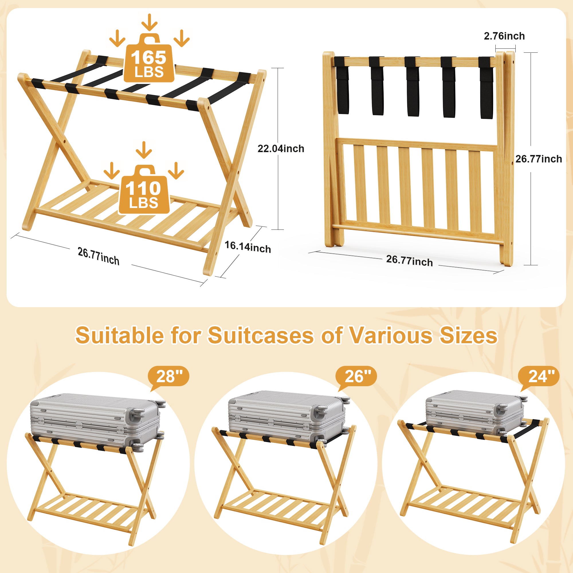 Folding Bamboo Luggage Rack 29×28×3 Inch