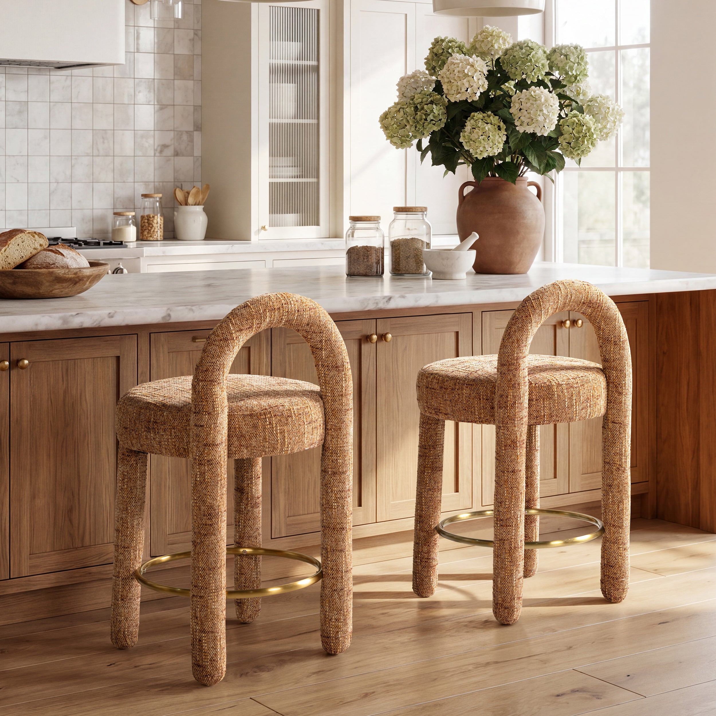 Penny Round Arched Fully Upholstered Counter Stool Set of 2, Golden