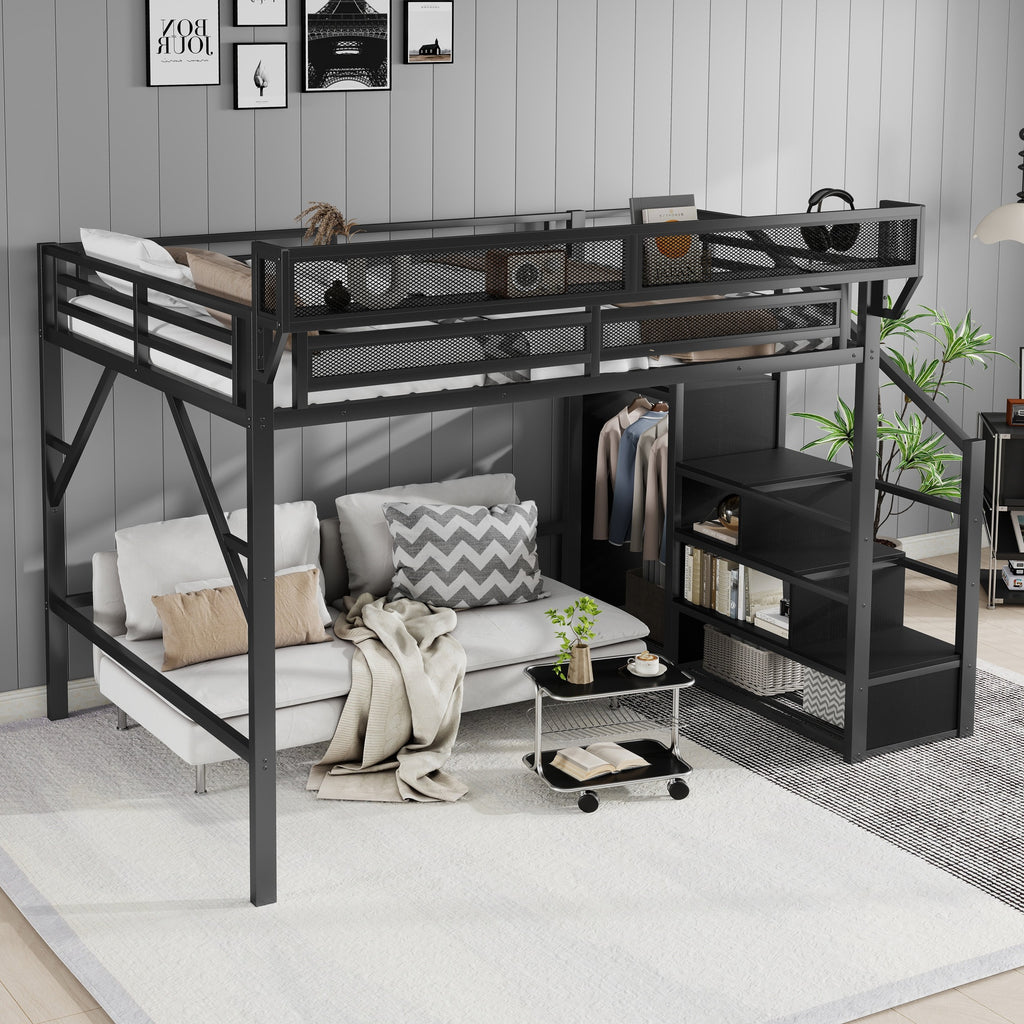 Queen Size Loft Bed with Stairs, Metal Loft Bed with Storage Shelves