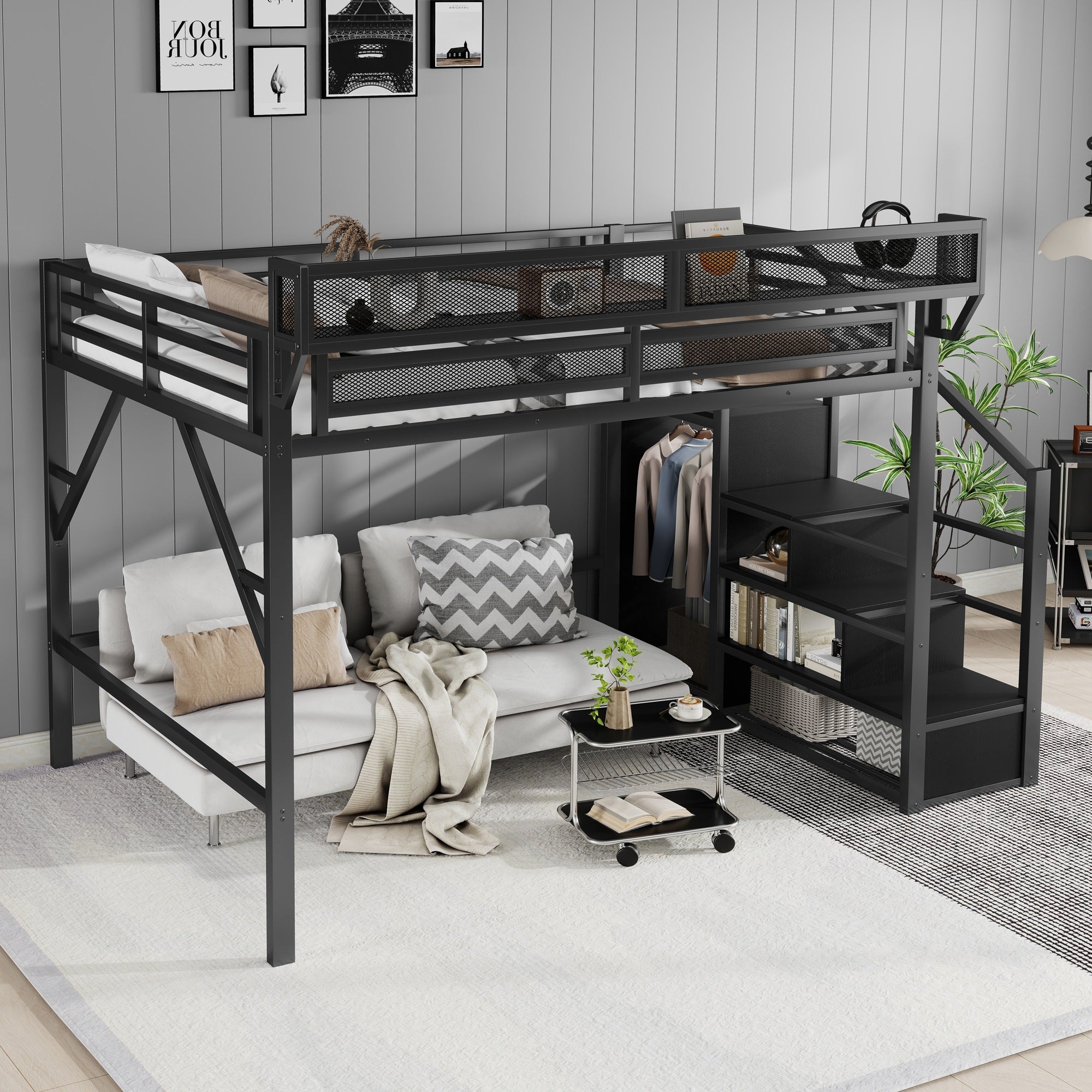 Queen Size Loft Bed with Stairs, Metal Loft Bed with Storage Shelves