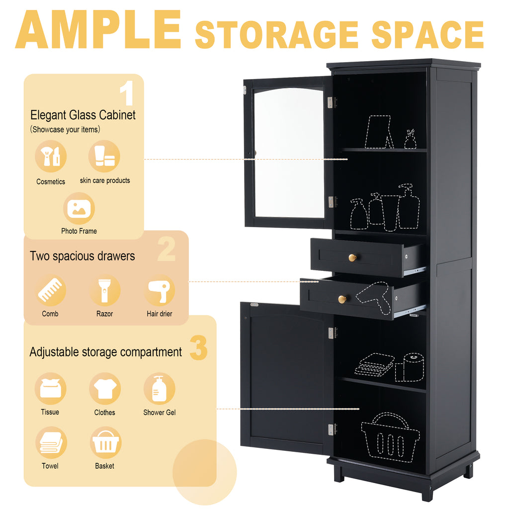 63" Tall Bathroom Storage Cabinet with Glass Doors