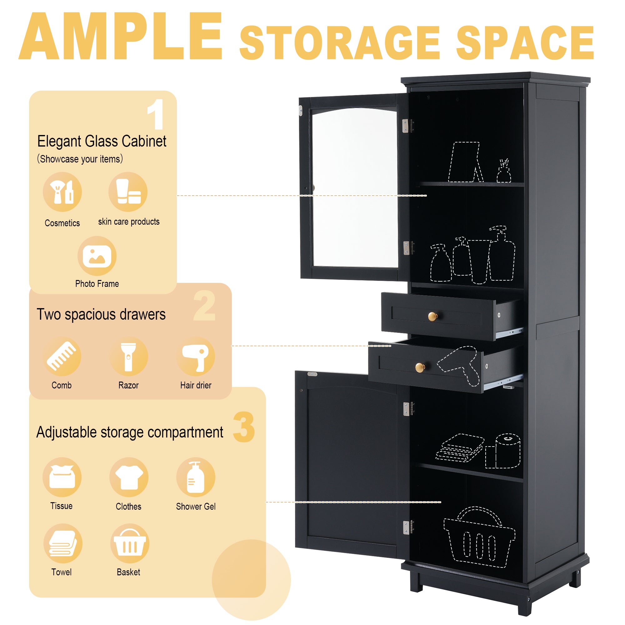 63" Tall Bathroom Storage Cabinet with Glass Doors