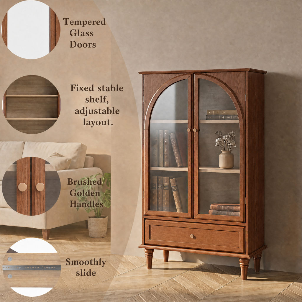 Vintage Farmhouse Arched Glass Accent Cabinet