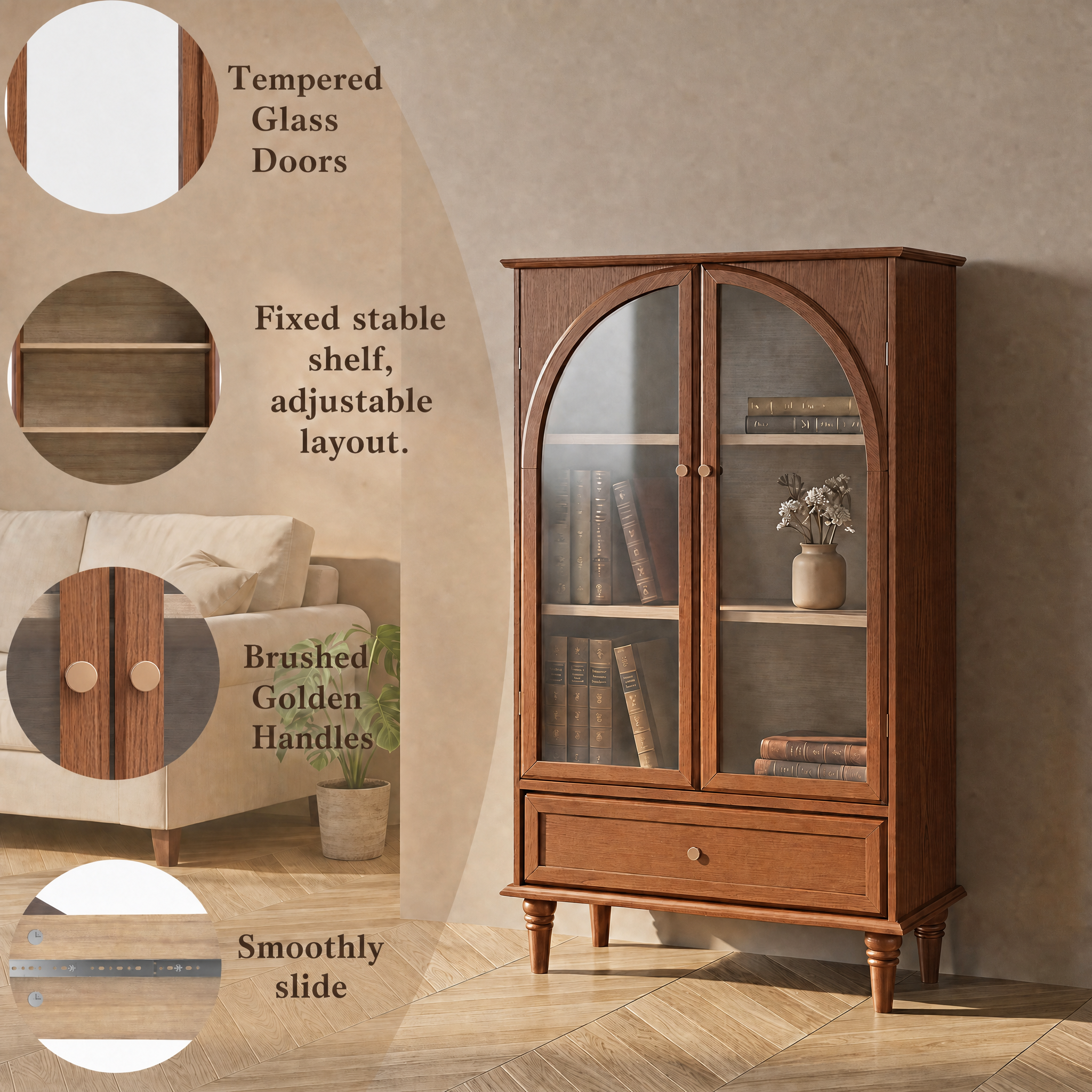 Vintage Farmhouse Arched Glass Accent Cabinet