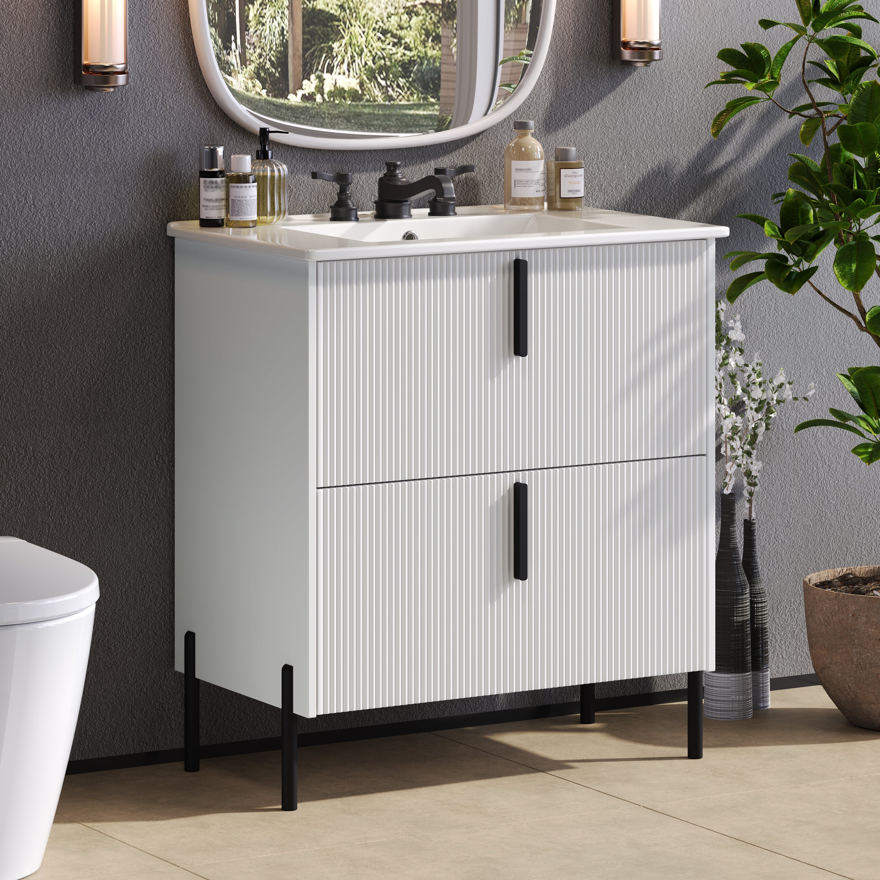 30" Bathroom Vanity with Ceramic Sink and Fluted Design