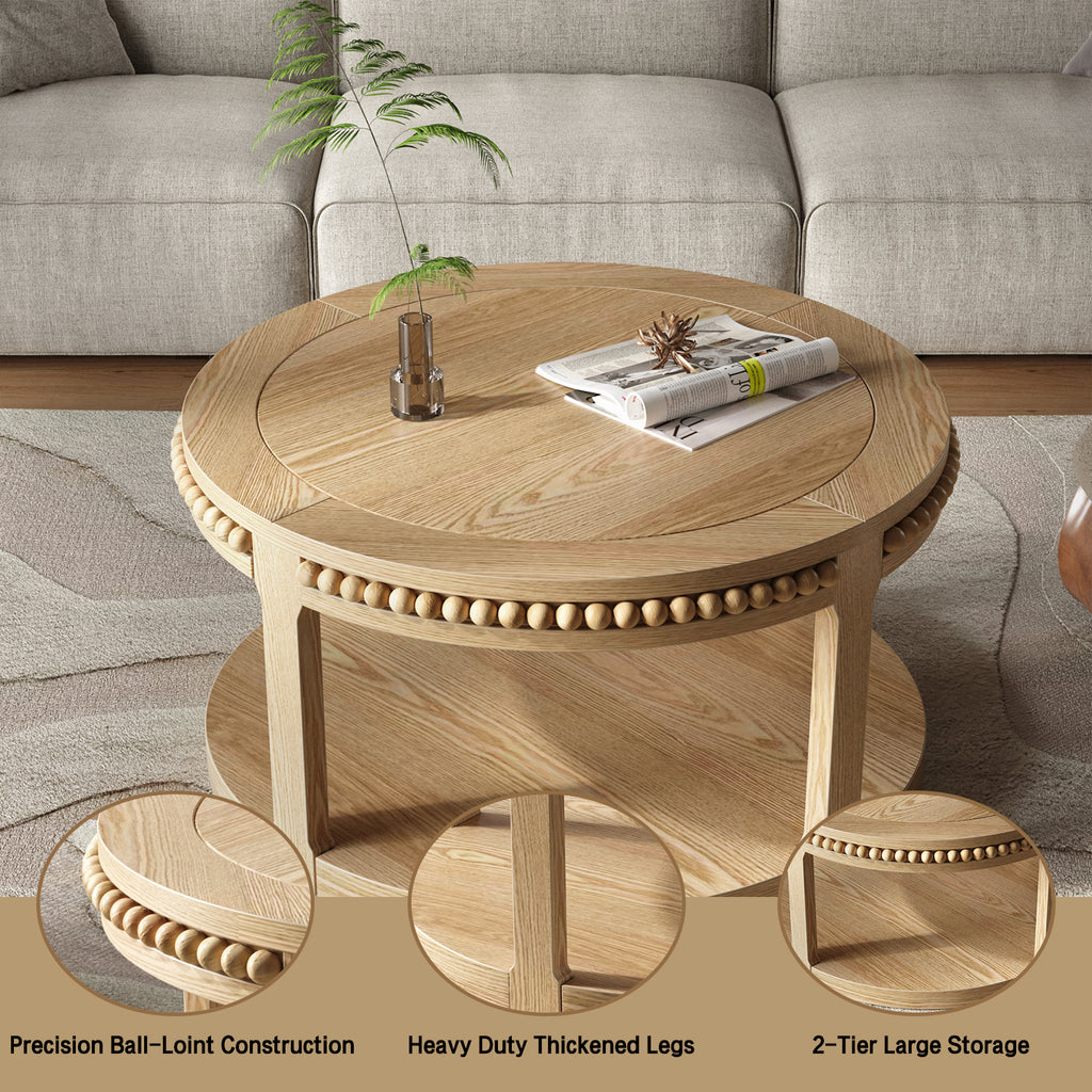 Round Solid Wood Coffee Table, 31.5 Inch, Two-Tier, Natural Wood