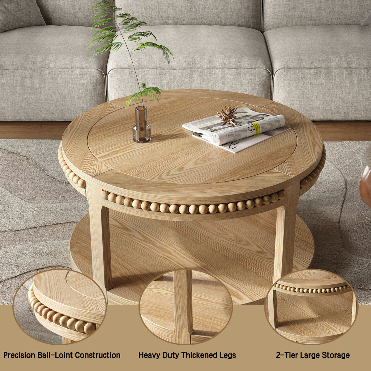 Round Solid Wood Coffee Table, 31.5 Inch, Two-Tier, Natural Wood