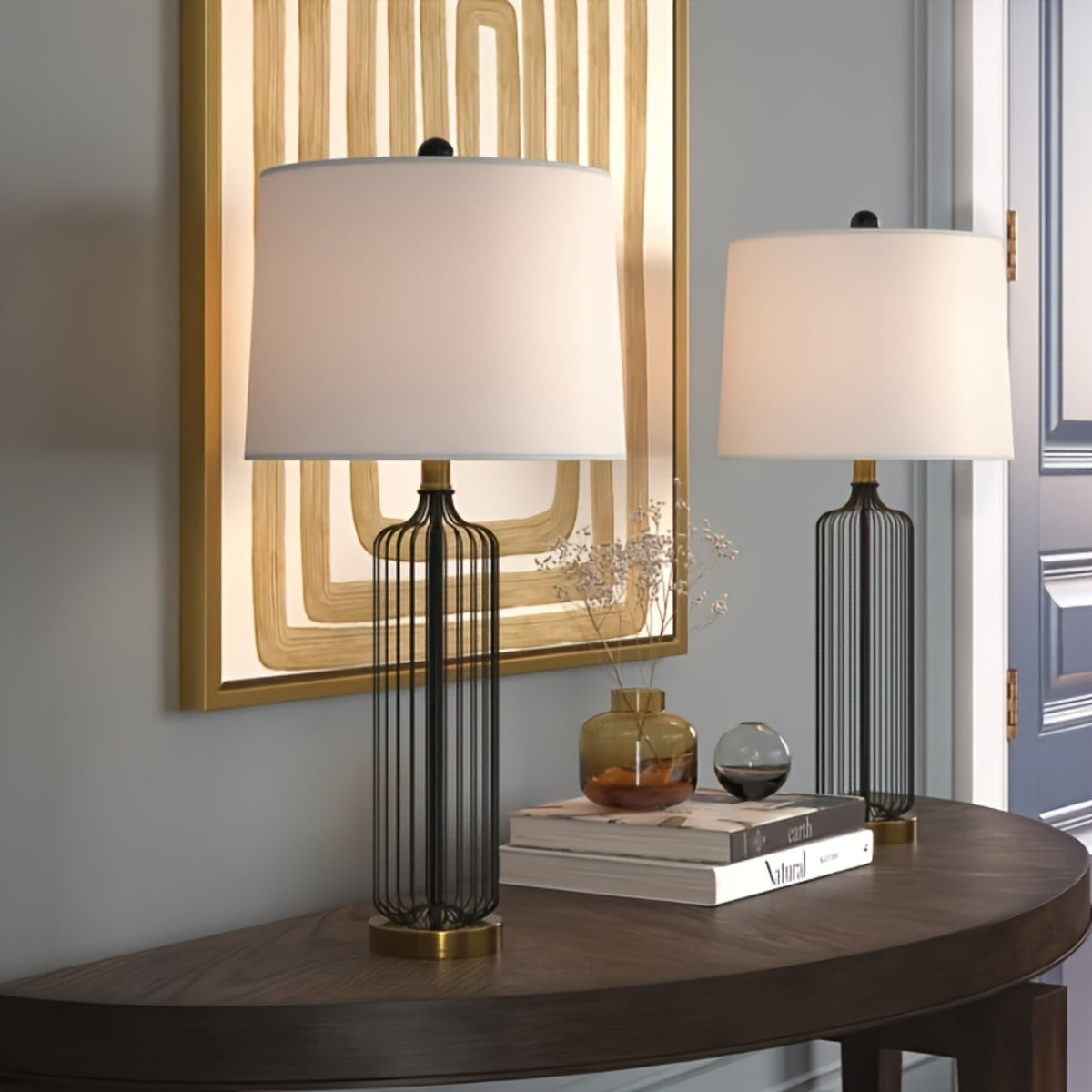 Cage Table Lamp Set of 2, 28 Inches Tall, 3-Way Dimmable, Black Metal