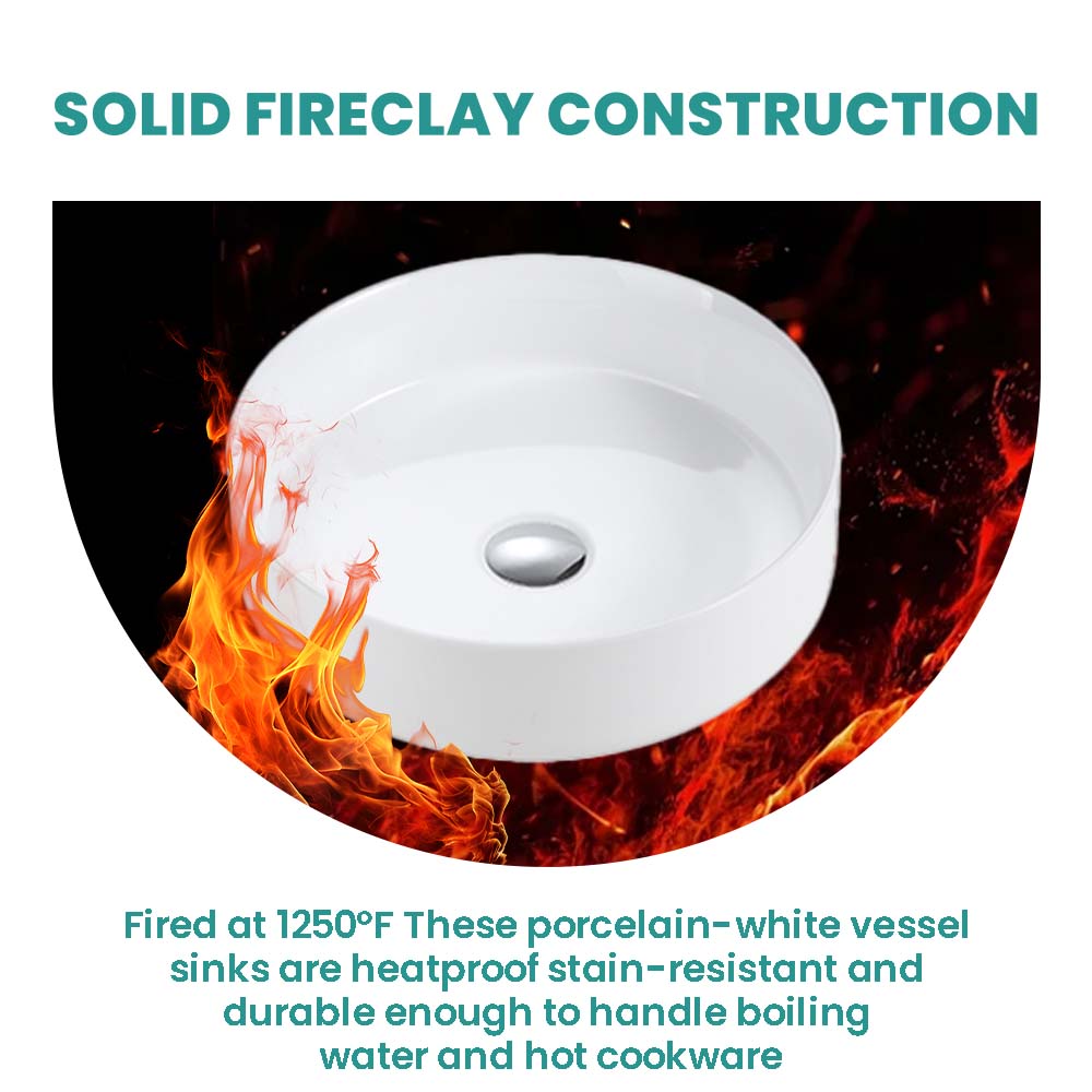 Glossy White Ceramic Vessel Sink, 15.56-Inch Round