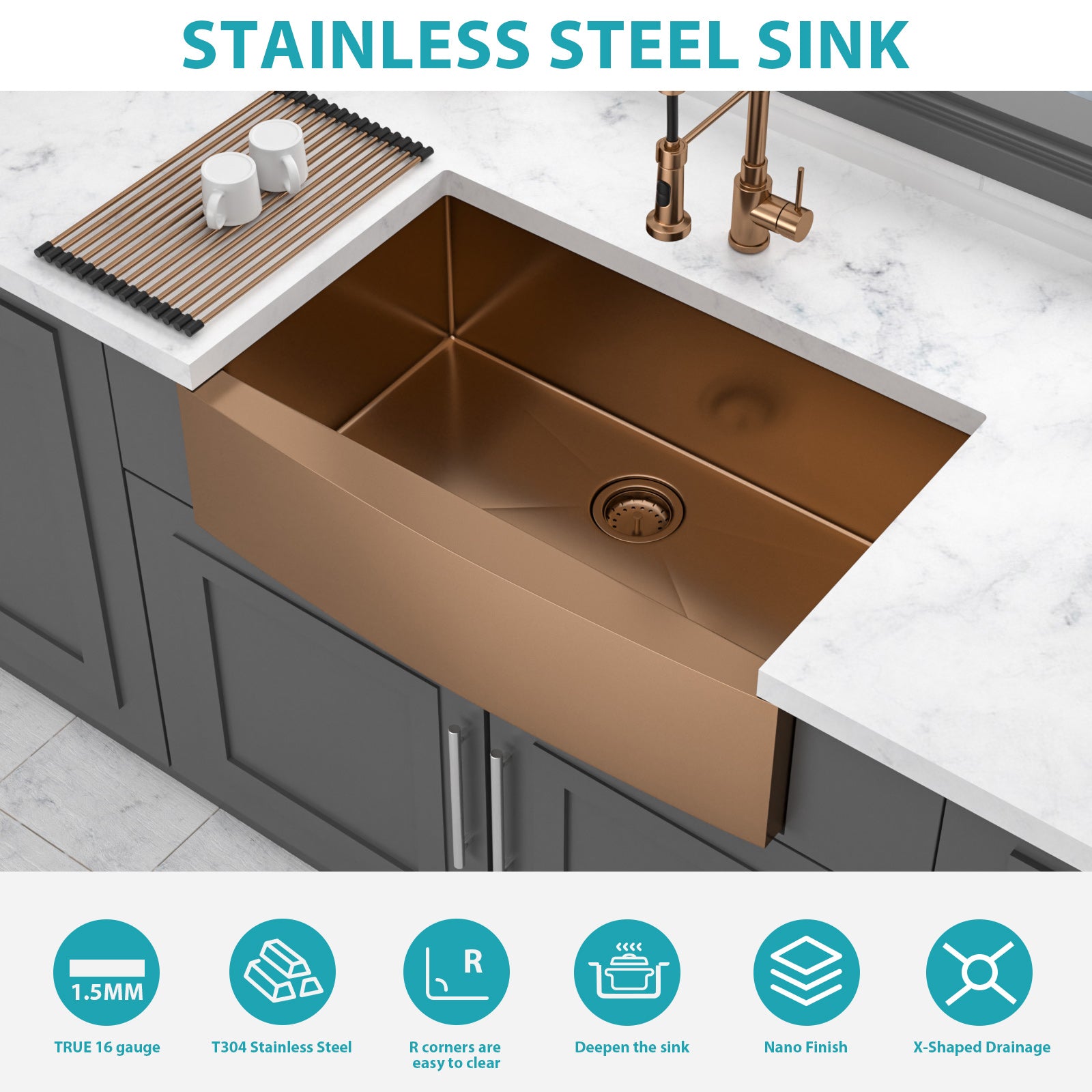33 Inch Rose Gold Farmhouse Kitchen Sink