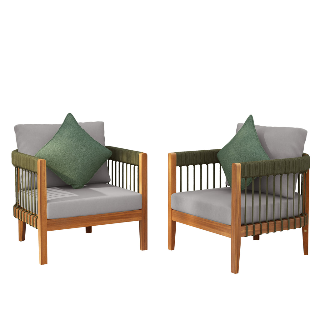 Set of 2 Acacia Wood Outdoor Club Chair with Handwoven Rope Accents