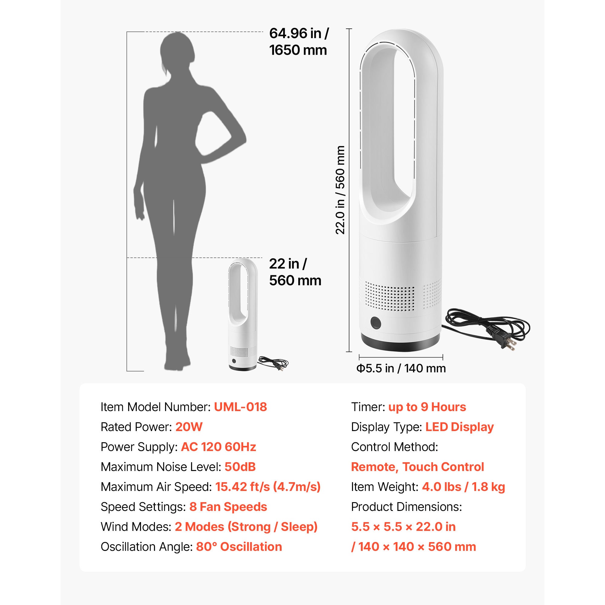 Bladeless Tower Fan with 80° Oscillation and Remote Control