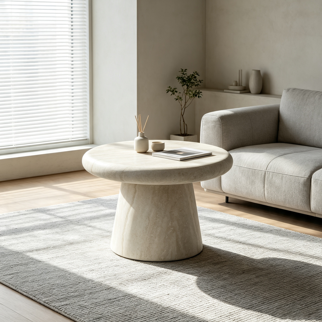 Round Fiberglass Travertine Print Coffee Table, 21.65-Inch, Low Profile