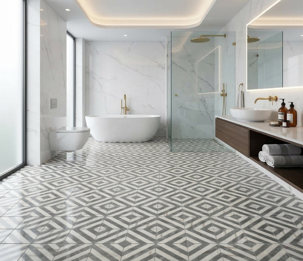 12x12 Waterjet Polished Marble Tile - White & Gray