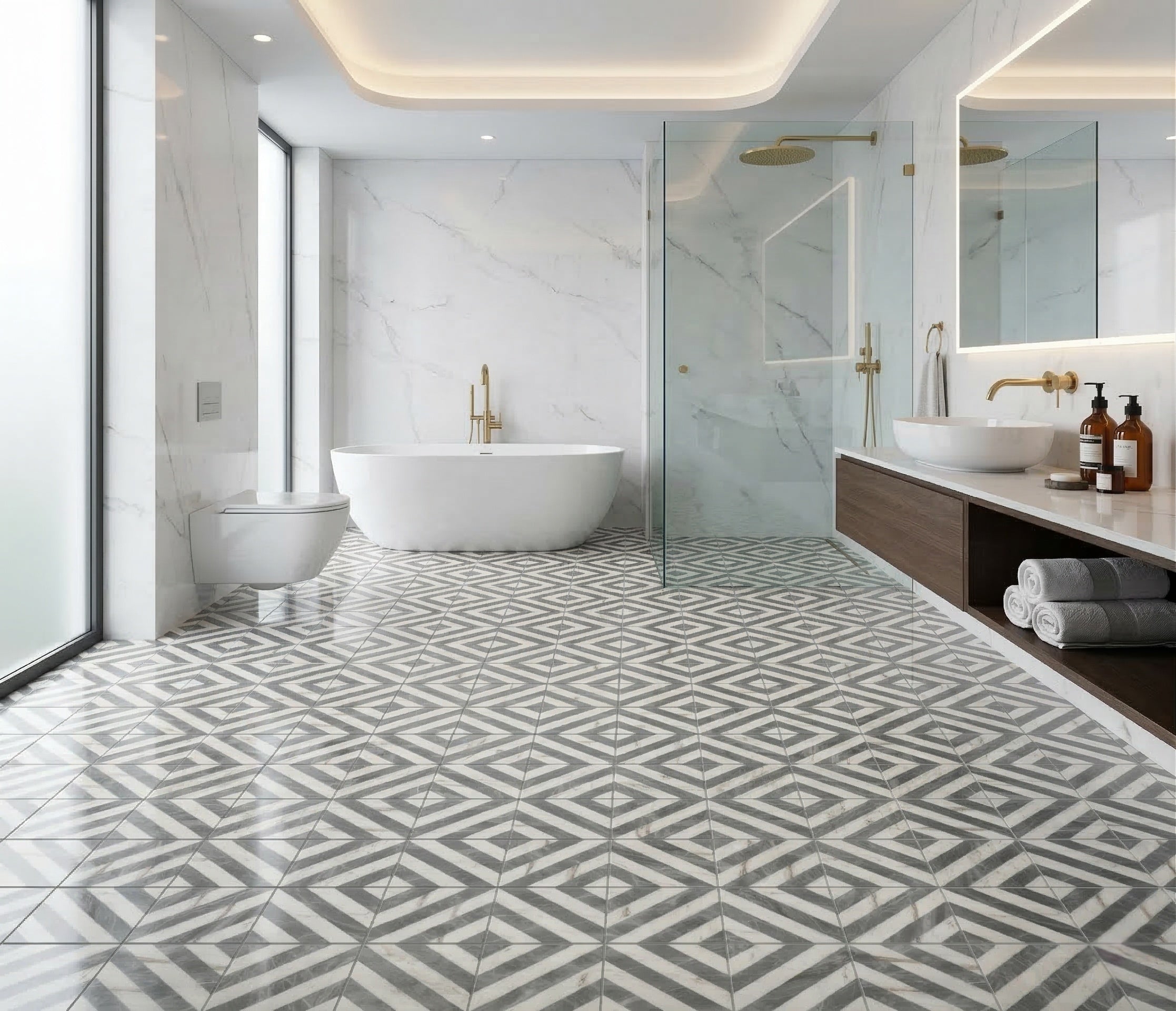 12x12 Waterjet Polished Marble Tile - White & Gray