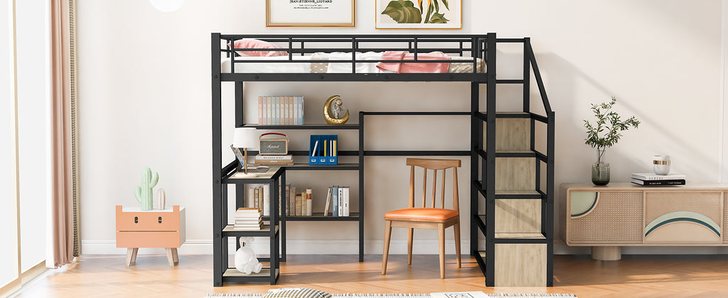 Full Size Metal Loft Bed with Staircase, Built-in Desk and Shelves