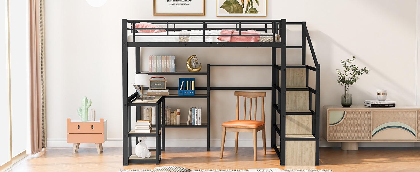 Full Size Metal Loft Bed with Staircase, Built-in Desk and Shelves