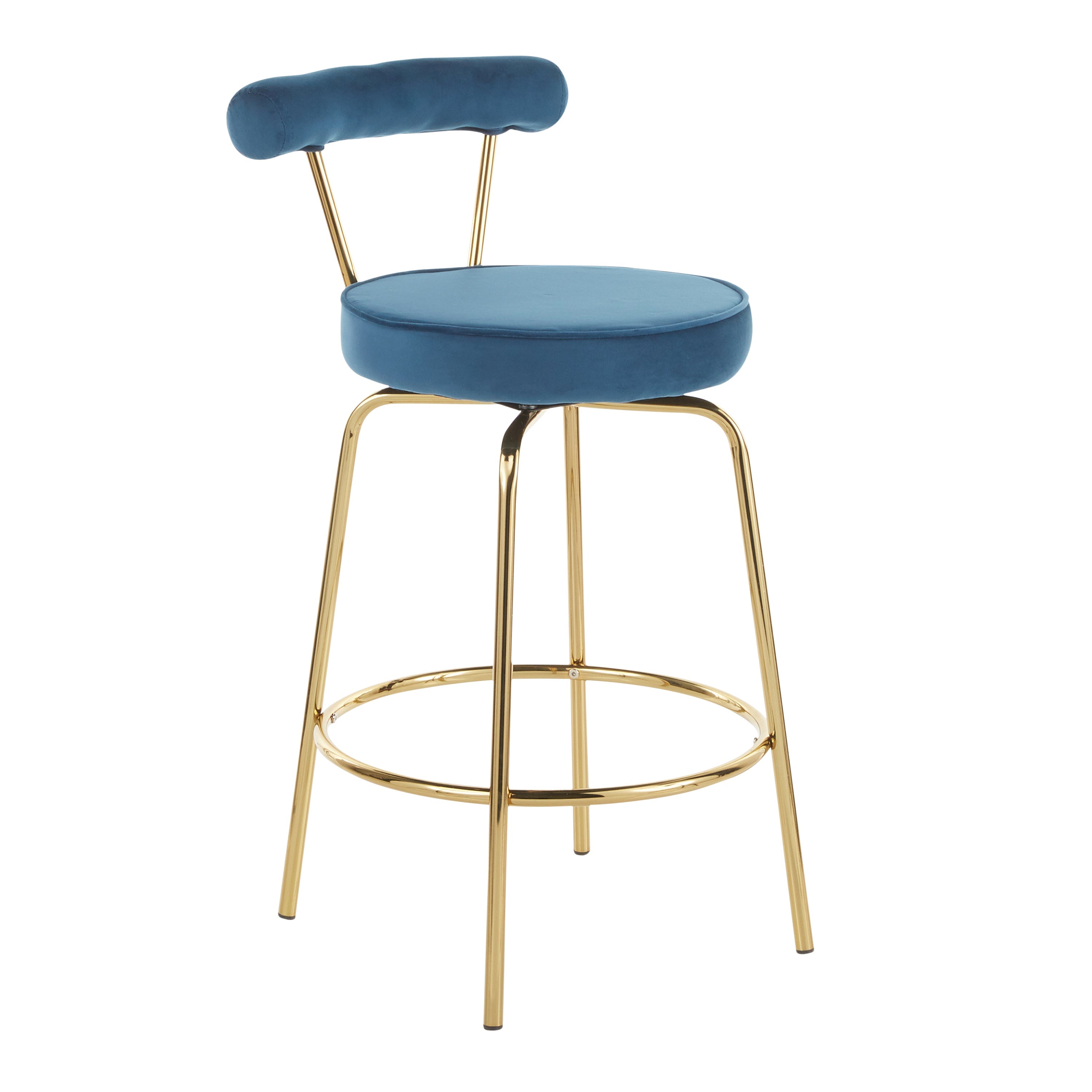 Rhonda Glam Counter Stool in Gold Metal and Blue Velvet - Set of 2
