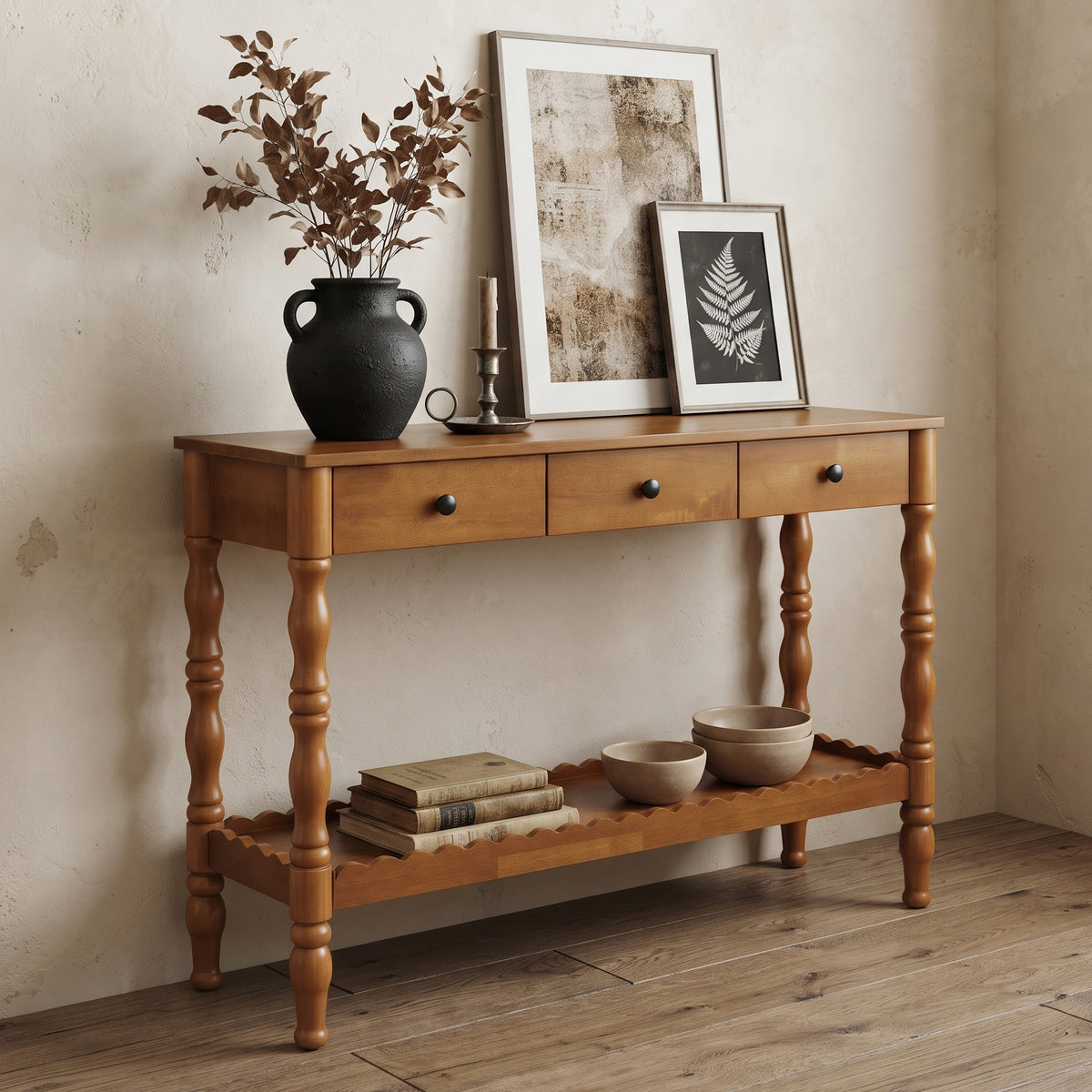 47.2'' Solid Wood Console Table for Entryway,2-Tier Wooden Sofa Table Behind Couch with Vintage Carved Wood Legs,Entryway Table with 3 Drawers and for Decorative Storage Options