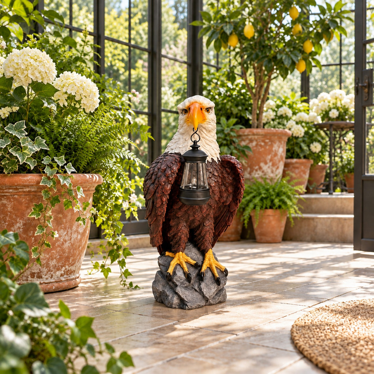 Solar Bald Eagle Garden Statue with Lantern, 23-Inch, Black Brown Resin
