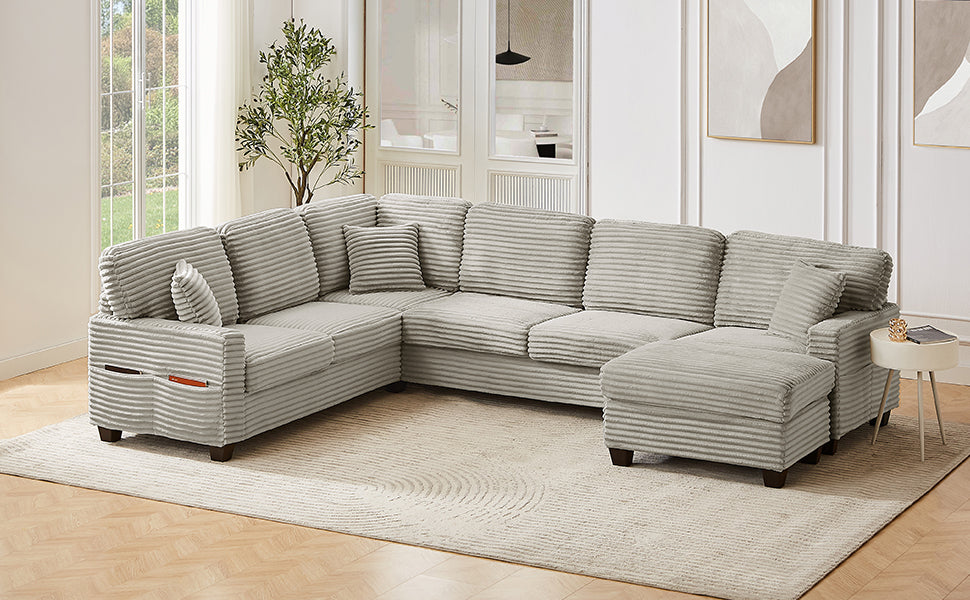 U-Shaped Sectional Sofa with Movable Ottoman and Side Storage Pockets