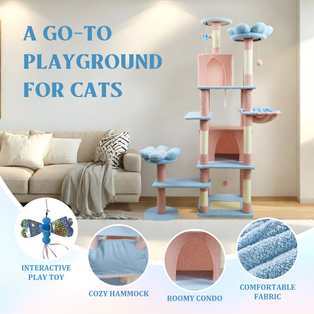 71-Inch Flower Cat Tree with Large Condo, Removable Cushion, and Hammock, Blue
