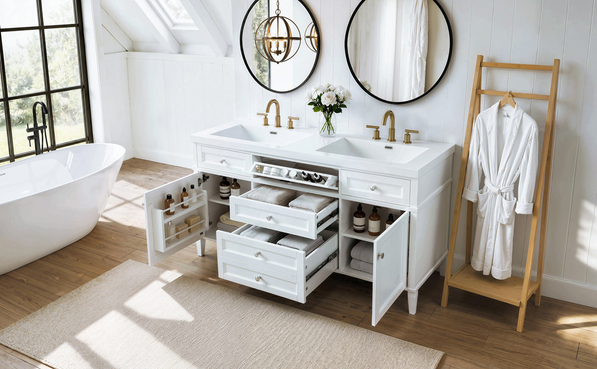 [Video] 59.1" Modern Bathroom Vanity with Resin Sink, Cabinet with 3 Drawers and 2 Doors, Adjustable Shelf, Door-Mounted Storage Rack, Soft-Close Mechanism, Freestanding