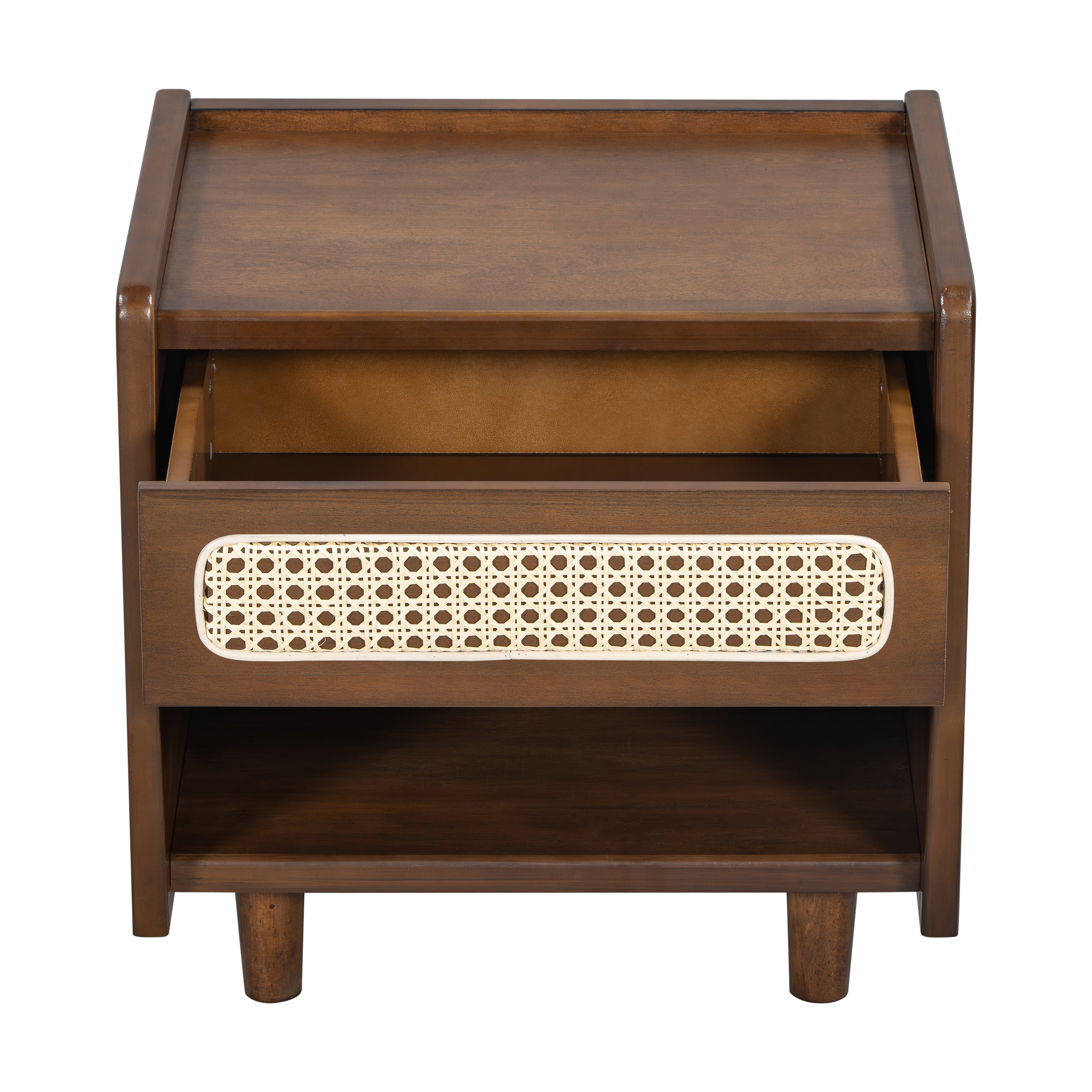 Walnut Nightstand with Rattan Detail